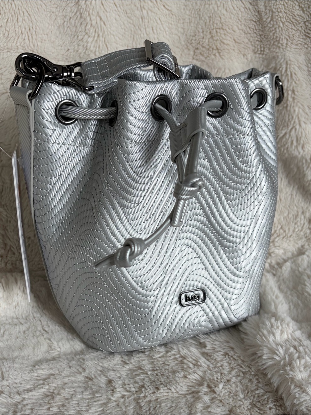 NWT Lug Whirlybird Satin Luxe VL Crossbody Bag, Metallic Silver